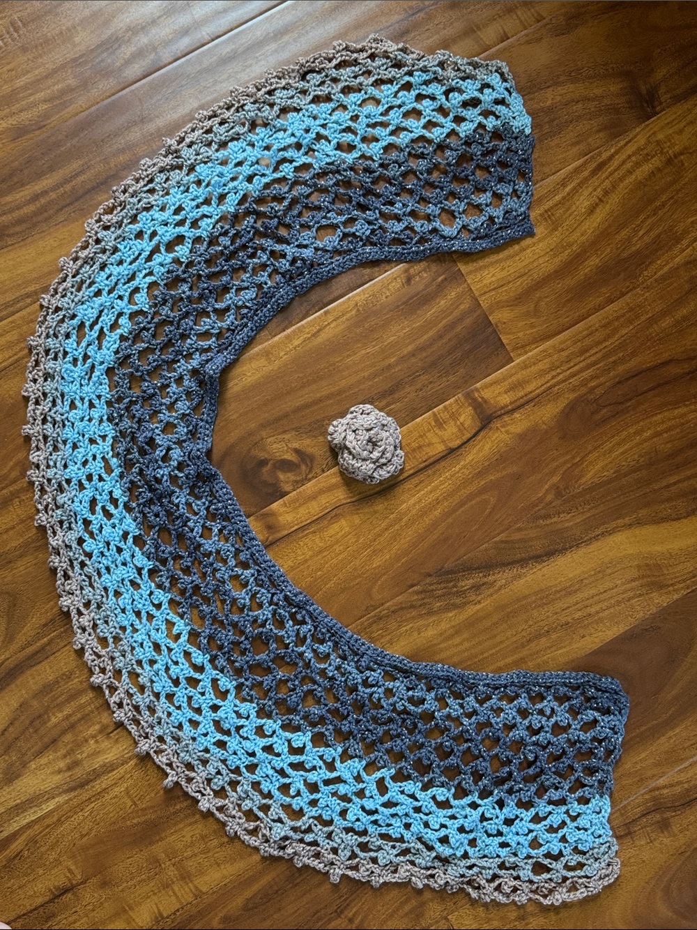 Handmade Blue & Dusty Pink metallic Crochet Capelet Scarf with detachable Flower